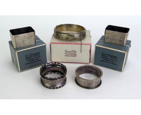 A mixed collection of silver wares, various makers and dates includes, napkin rings and silver bangle, total weight of silver