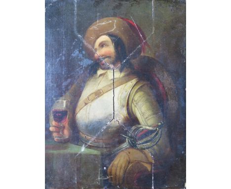 Continental School, half- portrait of a seated jolly cavalier enjoying a drink, oil on canvas attached to a wooden panel, 36 