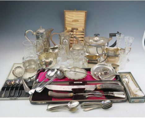 A quantity of assorted plated and glass wares, includes three-piece tea service, butter dish, hot water jug, carving set, wai