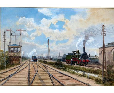 Victorian School, a railway siding with locomotives, signal cabin and engine shed, watercolour, unsigned and undated, indisti