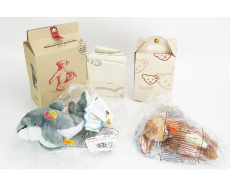 Modern Steiff Pair - (1) Cosy Friends Clippy Delphin 24 063336, (2) Baby Series Hase 22 Braun Mit Karrote u. Wolke 236099 - b