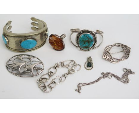 A Berber Turquoise Mounted Bangle and other silver and white metal jewellery 