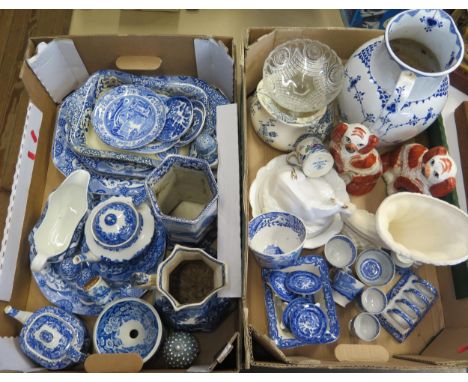 A quantity of blue and white transfer print "Italian" pattern dinner and tea wares, vases, together with a pair of Staffordsh