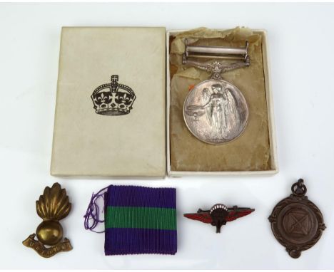 A George VI General Service Medal, to 14101512. GNR. J.C. WATTS. R.A., with Palestine Clasp, in box of issue, gold plated ID 