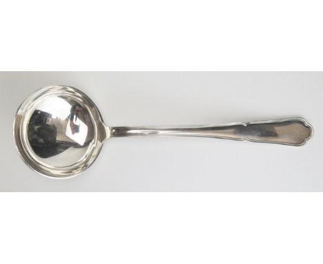 A French silver plated fiddle and Thread pattern soup ladle, maker possibly Risler &amp; Carre, circa 1900, 31cm long.