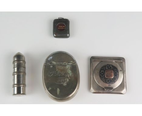 A plated snuff box, a white metal compact, miniature dictionary and a cigarette lighter. 