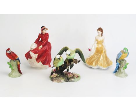 A Doulton Figurines, HN 3207 Louise, a Royal Worcester figurine Golden Moments A Royal Crown Derby group of Budgerigars, and 