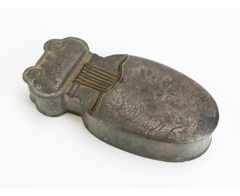 A Chinese pewter vanity box in the form of a cricket, the hinged lid with mirror panel to the underside, having floral decora