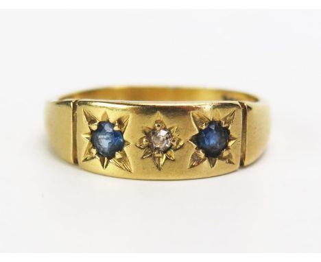 An 18ct Gold, Old Cushion Cut Diamond and Sapphire Gypsy Ring, size J.5, c. 3.28g 