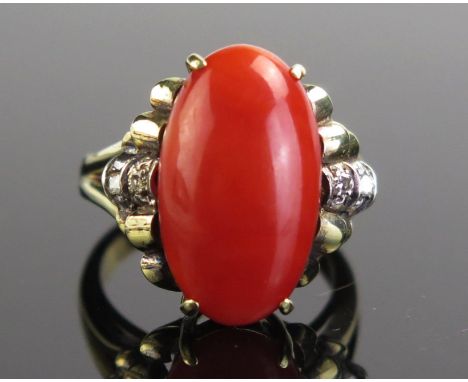 A 14K Gold, Coral and Diamond Dress Ring, 17.5x10.5mm coral, size J.5, c. 6.22g 