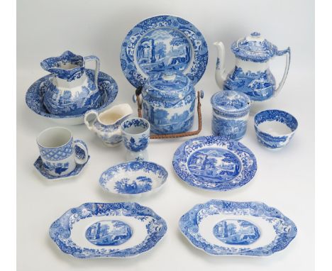 A collection of Copeland Spode blue and white wares includes "Italian " pattern wares, including teapot, biscuit jar and cove