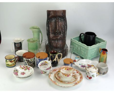 A collection of assorted ceramics, includes Dartmouth pottery square jardiniÃ¨re, Beswick wares, Goss crested slipper, and a 