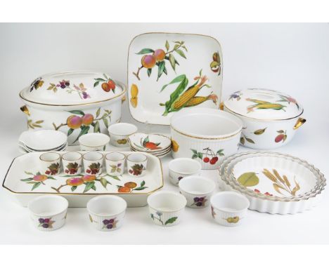 A collection of Royal Worcester "Evesham" pattern oven to table wares, includes stock pot and cover, tureen and cover, quiche