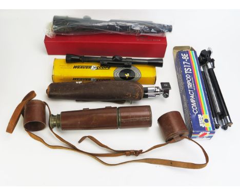 A weaver Model C4 telescopic gun sight, boxed, an Orbit sighting scope, two folding tripods together with a leather bound two