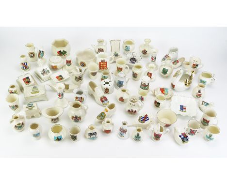 A collection of crested china wares, includes Goss, Arcadian, and others. 