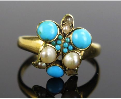 A Victorian Turquoise and untested Pearl Dress Ring in an unmarked yellow metal setting, KEE tested as 18ct, size M, c. 3.94g