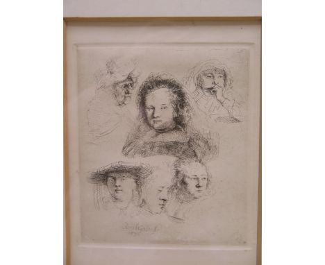 A Print of an Engraving depicting studies of faces, signed Rembrandt 1636, 19 x 15cm, F &amp; G
