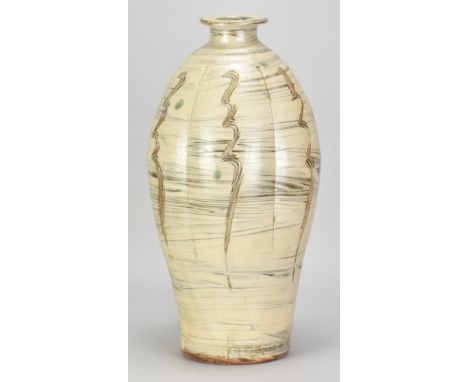 JIM MALONE (born 1946); a large lobed stoneware bottle covered in brushed slip with incised decoration and copper green spots