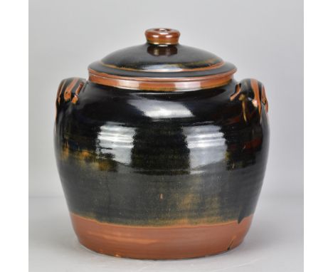 HARRY DAVIS (1910-1986) & MAY DAVIS (1914-1998) for Crowan Pottery; a large stoneware bread crock covered in tenmoku breaking