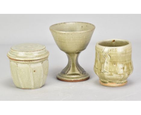 MIKE DODD (born 1943); a small cut sided stoneware caddy covered in green pine ash glaze, impressed MJD mark, height 9cm, and