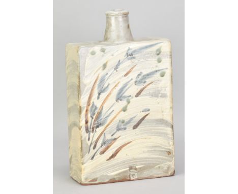 JIM MALONE (born 1946); a large stoneware slab bottle covered in brushed slip with iron and cobalt decoration and copper gree