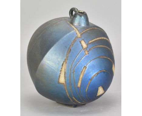 EMILI BIARNES RABER (born 1956); an earthenware flask form decorated with metallic lustre and engobes, painted mark, height 1