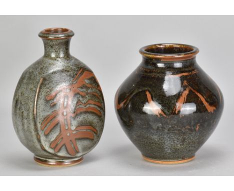 JOHN LEACH (1939-2021) for Muchelney Pottery; a flat sided bottle covered in mottled grey glaze with wax resist decoration, i