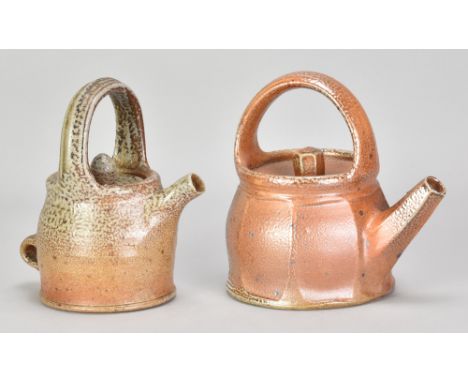 MICKI SCHLOESSINGK (born 1949); a salt glazed teapot with loop handle covered in shino glaze, impressed M mark, height 17.5cm