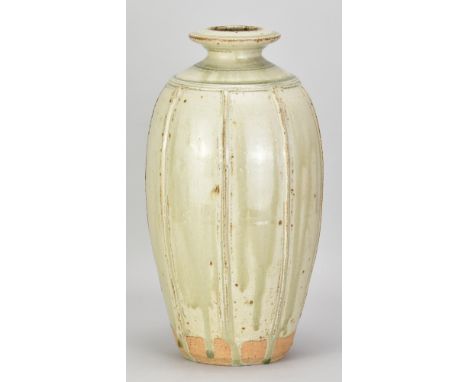 RICHARD BATTERHAM (1936-2021); a tall ribbed stoneware bottle covered in green ash glaze, height 36cm. (D)Additional Informat