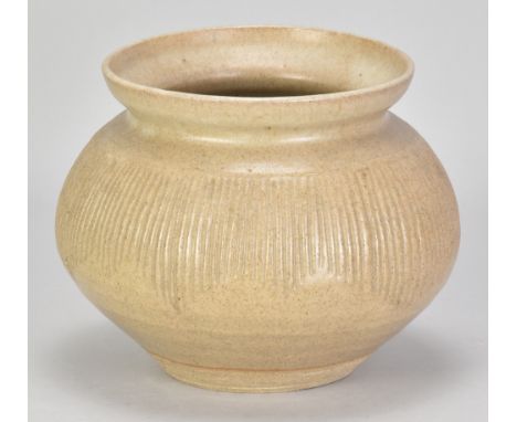 KATHARINE PLEYDELL-BOUVERIE (1895-1985); a large part fluted stoneware jar covered in grey/oatmeal glaze, impressed KPB mark,