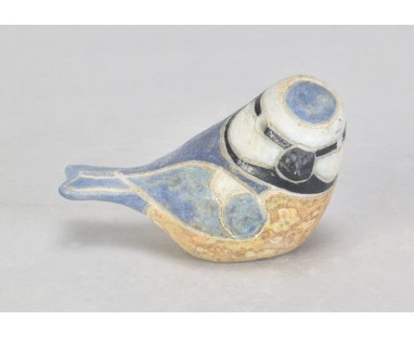 ROSEMARY WREN (1922-2013) for Oxshott Pottery; a stoneware sculpture of a bluetit, painted by Peter Crotty, impressed wren ma