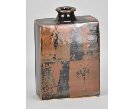 JIM MALONE (born 1946); a stoneware slab bottle covered in tenmoku and kaki glaze with wax resist decoration, impressed JM an