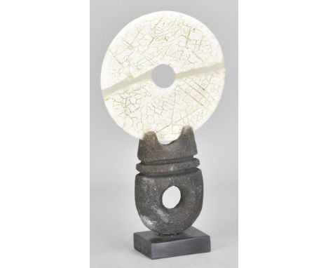 PETER HAYES (born 1946); a fractured white disc with clear wave mounted on canal clay and slate base, incised signature, heig