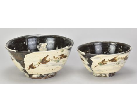 JIM MALONE (born 1946); a stoneware bowl covered in brushed slip with iron decoration and copper green spots, impressed JM an