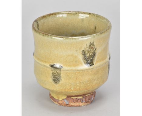 JIM MALONE (born 1946); a stoneware yunomi covered in granite glaze with iron decoration, impressed JM and L (for Lessonhall)