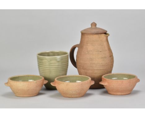 Leach Pottery; a stoneware coffee pot, impressed pottery mark, height 22.5cm, three matching twin handled bowls and a small p