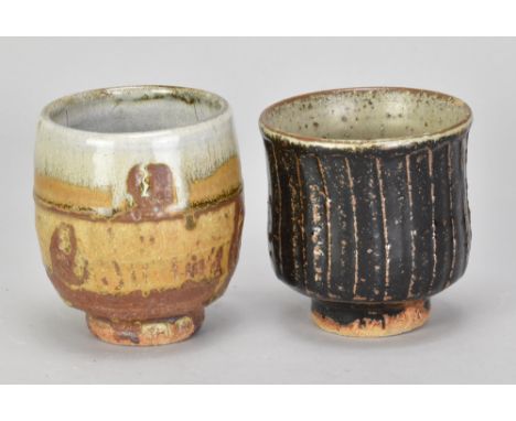 JIM MALONE (born 1946); a stoneware yunomi covered in green ash glaze with nuka top and impressed decoration, impressed JM an