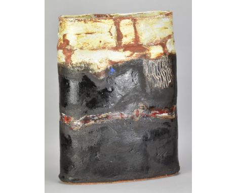 ROBIN WELCH (1936-2019); a large oval stoneware vessel partially covered in black glaze with yellow top, waves of red, white 