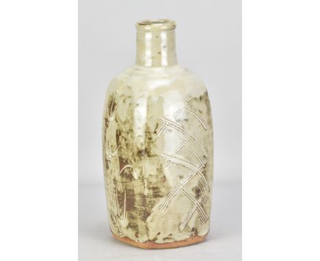 JIM MALONE (born 1946); a square stoneware bottle covered in nuka and iron glaze with incised decoration, impressed JM and L 