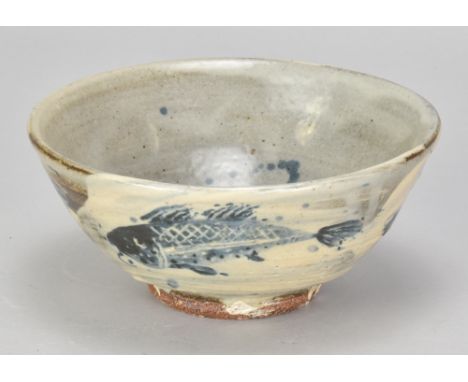 JIM MALONE (born 1946); a small stoneware bowl covered in brushed slip with cobalt fish decoration, impressed JM and A (for A