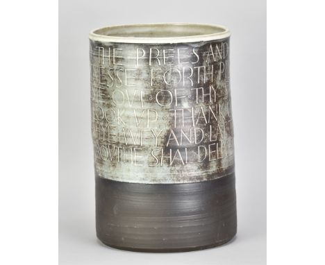 PETER WRIGHT (1919-2003); a large cylindrical calligraphic tin glazed earthenware vessel incised with the first verse of Geof