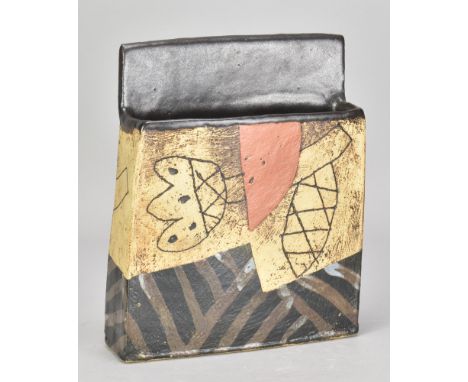 JOHN MALTBY (1936-2020); a rectangular slab vessel with winged top decorated with stylised fishing nets, painted signature, h