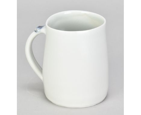 EDMUND DE WAAL (born 1964); a porcelain mug covered in celadon glaze with a splash of cobalt to the top of the handle, impres