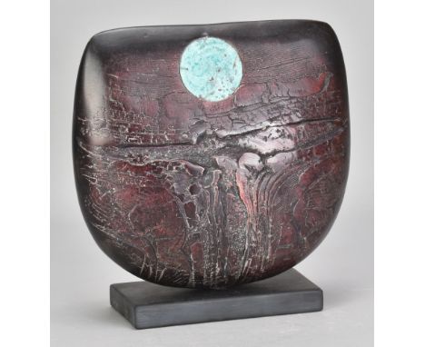PETER HAYES (born 1946); a raku bow with fractured red surface and copper patina disc mounted on slate base, incised signatur