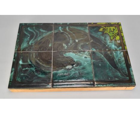 MAGGIE BERKOWITZ; a panel of six earthenware tiles depicting an otter mounted on a wooden frame, 46 x 31cm. (D)Additional Inf