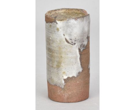 HANS COPER (1920-1981); a small cylindrical stoneware vessel partially covered in pale grey glaze, incised R9 test code for b