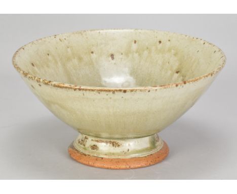 RICHARD BATTERHAM (1936-2021); a stoneware tazza covered in green ash glaze, diameter 26cm. (D)Provenance: Purchased from the