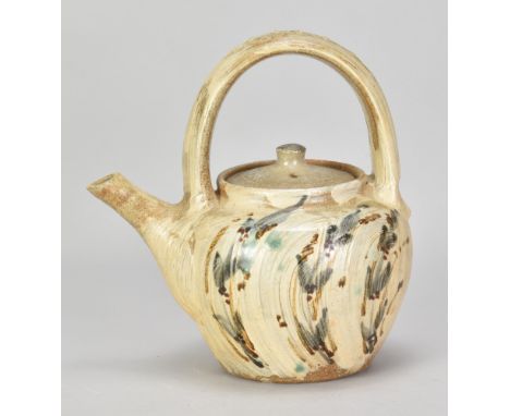 JIM MALONE (born 1946); a stoneware teapot with loop handle covered in brushed slip with iron, cobalt and copper green decora