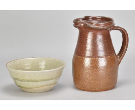 RICHARD BATTERHAM (1936-2021); a salt glazed jug partially covered in iron rich glaze, height 18cm, and a bowl covered in gre