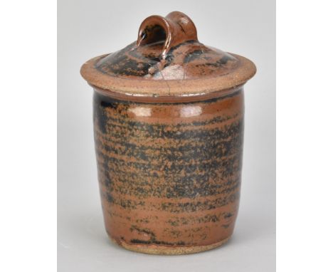 RICHARD BATTERHAM (1936-2021); a stoneware caddy covered in tenmoku breaking to kaki glaze, impressed early RB mark, height 1